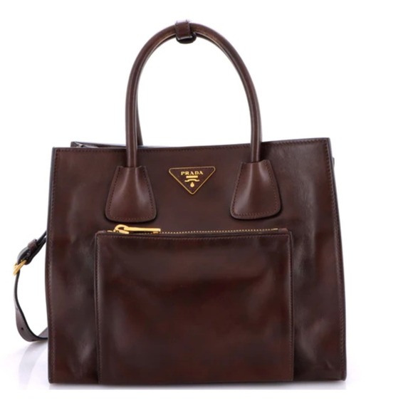 Prada Brown Leather Galleria Tote Bag Satchel Handbag Purse w/ Strap - Picture 1 of 5